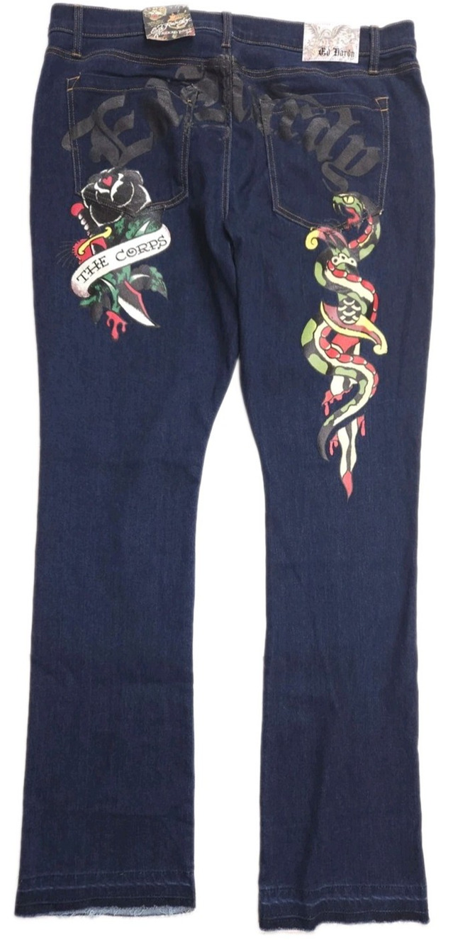 ED HARDY Stacked Boot Jeans Men's 38 Blue Snake The Corps Y2K Style